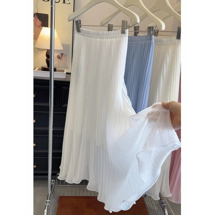 Women's Summer Elegant Pleated Elastic Waist Chiffon Long Skirt Lady High Waist A Line Streetwear Solid Color Skirt