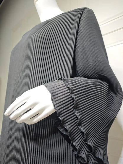 Siskakia Ramadan-Muslim Solid Wrinkle Dresses For Women's Dubai  Moroccan Petal Sleeve Abayas O-Neck Elegant Kebaya 2024