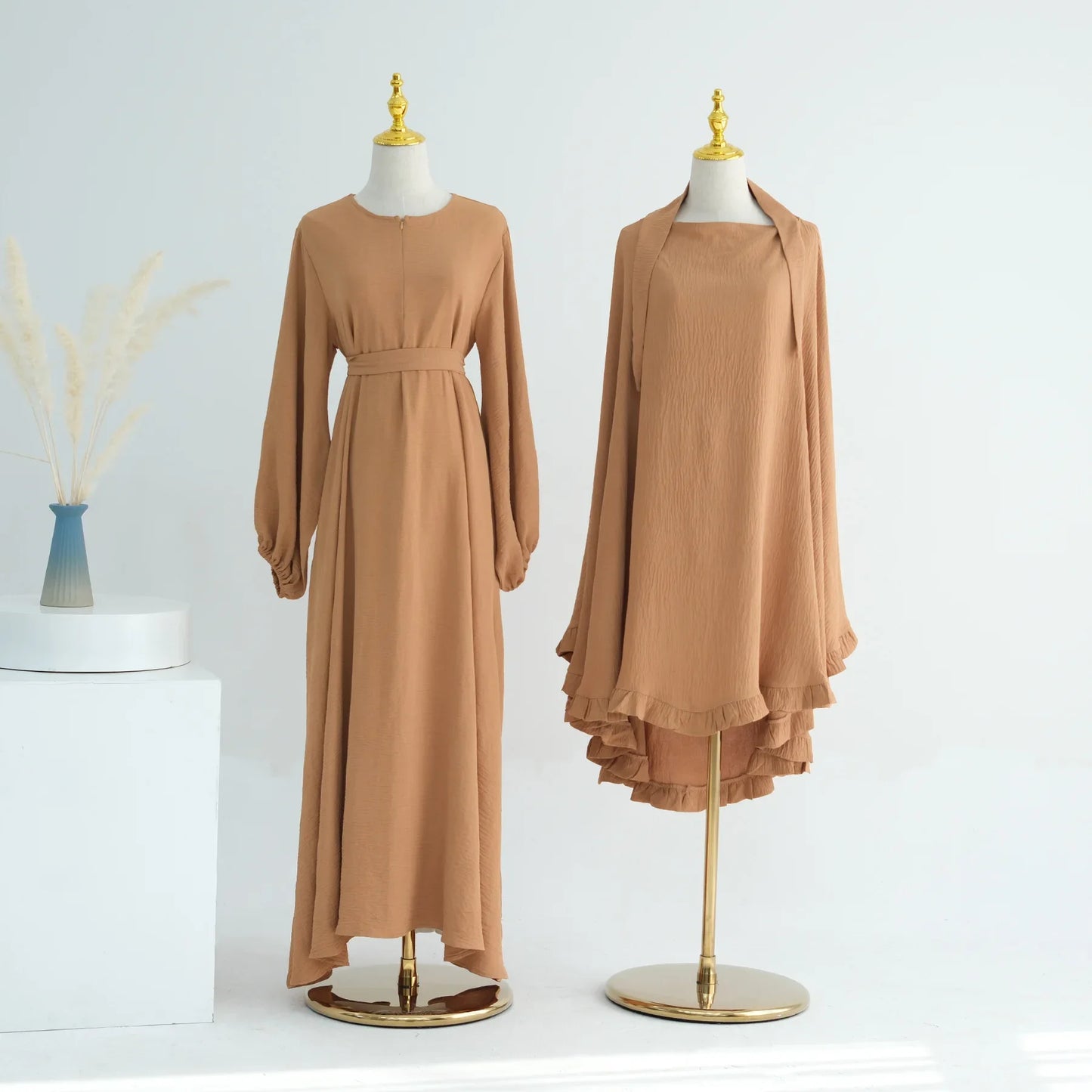 Muslim Woman Abaya with Khimar 2 Piece Set Crinkled Fabric Ruffles Hijab with Irregular Prayer Dress Islam Dubai Turkey Ramadan