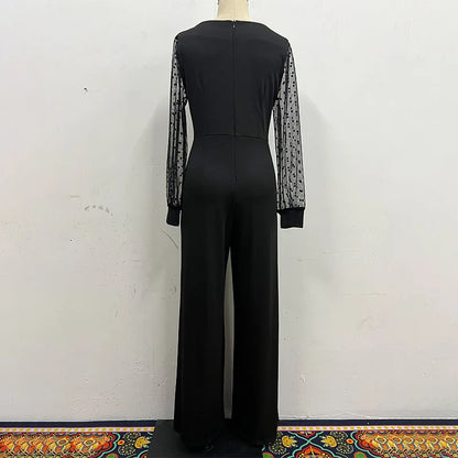 Jumpsuits Women One Piece Wide Leg Pants V Neck Gauze Long Sleeve Tight Waist Straight Trousers 2025 Office Lady Overalls.