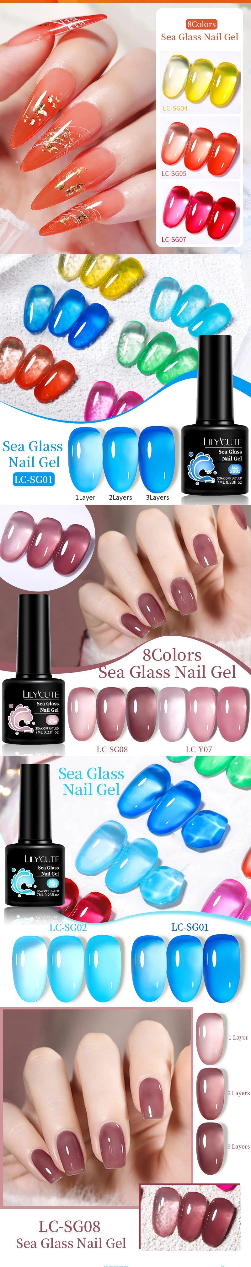 LILYCUTE 6Pcs 7ML Jelly Glass Gel Nail Polish Set Sea Blue Varnish Semi-transparent Nail Art Semi Permanent UV Gel Varnish.