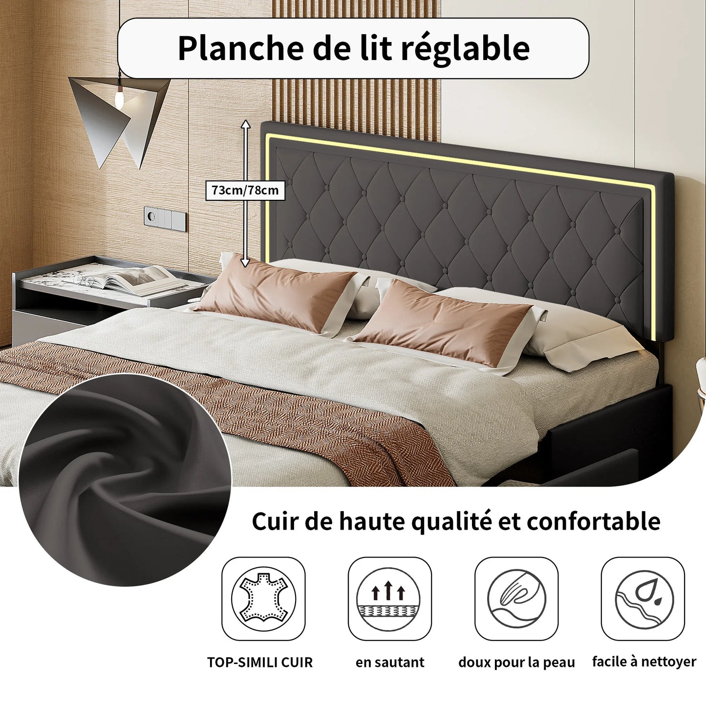 Lazyspace 4 Schubladen + RGB-LED-Kopfteil-Bettgestell, PU-Polsterbett, moderne Queen-Size-Einzel-Doppelbetten, Schlafzimmermöbel