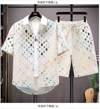Men Summer 2 Pieces Set Tracksuit Men's Shirt Shorts Harajuku Streetwear Oversized Men Sets Short Outfits Suits.