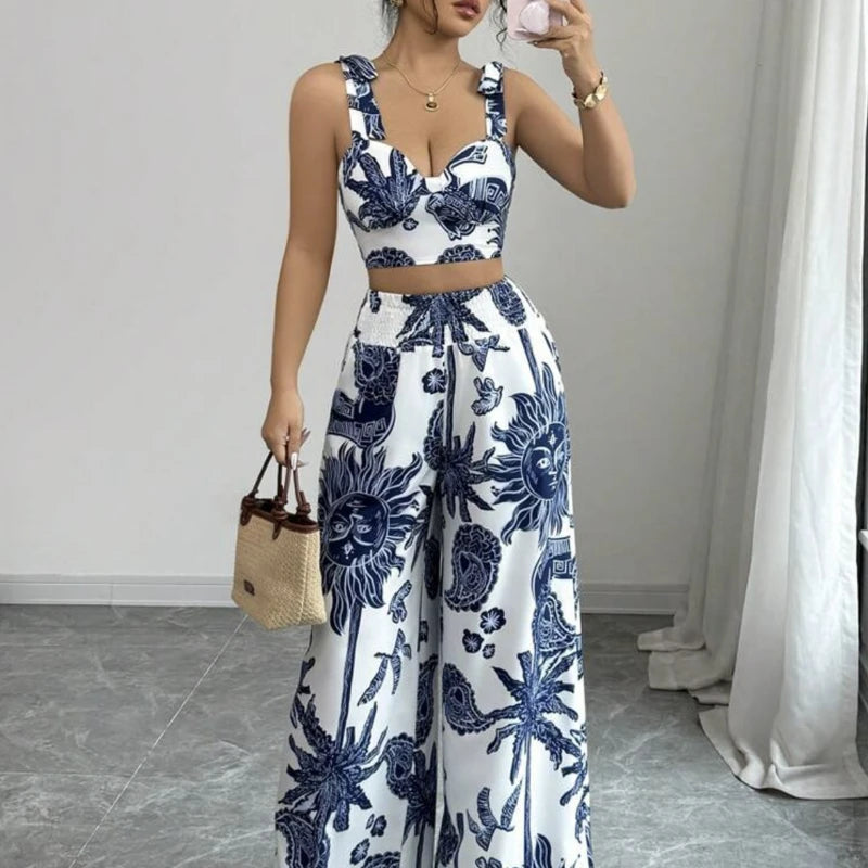 Two Piece Sets Women Pant Print Sling Tops High Waist Wide Leg Pants Drawstring Matching Sets Casual Backless Tops Summer 2025.