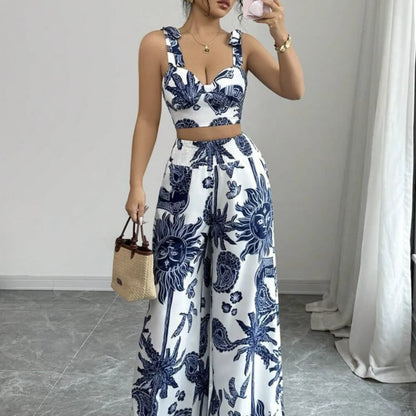 Two Piece Sets Women Pant Print Sling Tops High Waist Wide Leg Pants Drawstring Matching Sets Casual Backless Tops Summer 2025.