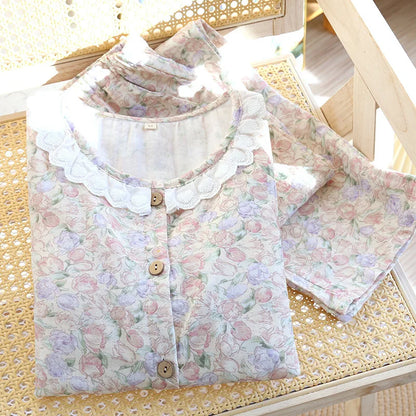 Spitzen-Design, Rundhals-Pyjama-Set aus Baumwolle, doppellagig, Gaze, für Damen, vier Jahreszeiten, dünne, langärmelige Hosen, Strickjacken, Kleidung