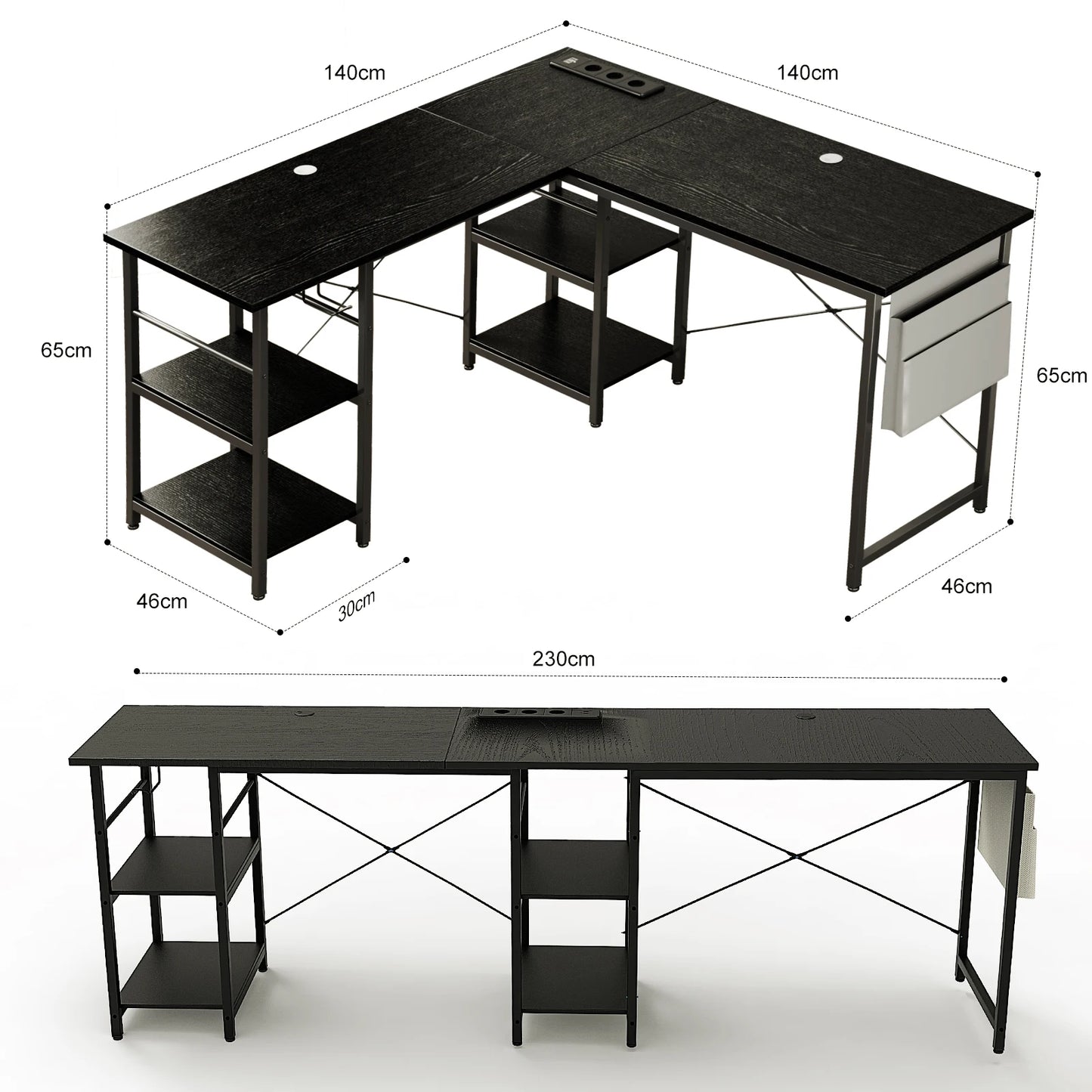 L-förmiger Schreibtisch im Industrial-Stil, 140/230cm, Verstellbarer Computertisch mit Ablagen & Integrierter Steckdose