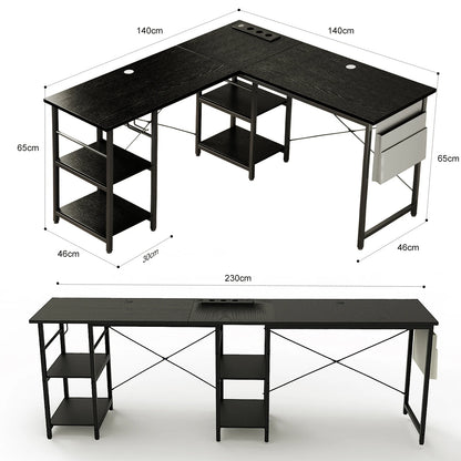 L-förmiger Schreibtisch im Industrial-Stil, 140/230cm, Verstellbarer Computertisch mit Ablagen & Integrierter Steckdose
