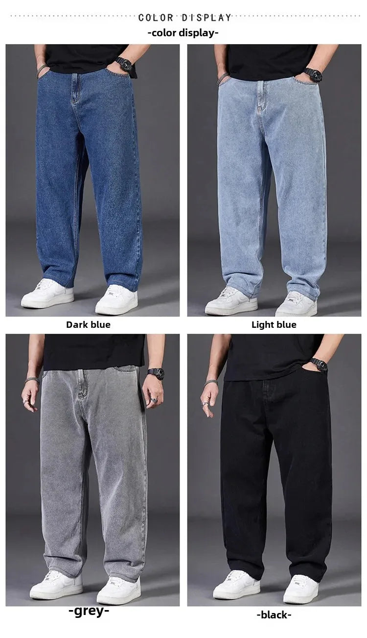 Plus Size Jeans Men's Autumn Loose-Fit Straight-Leg Casual Denim Pants Elastic Waist Wide-Leg Design For Plus Size Men.