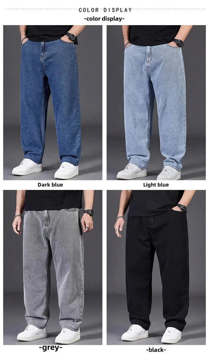 Plus Size Jeans Men's Autumn Loose-Fit Straight-Leg Casual Denim Pants Elastic Waist Wide-Leg Design For Plus Size Men.