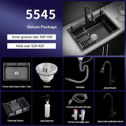 kitchen sink Black nano-sink single-slot household hand-washing basin kitchen large 304 stainless steel sink sink bowl