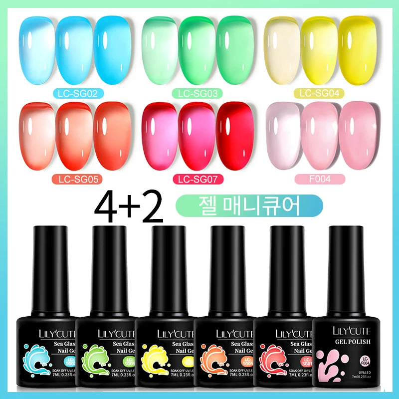 LILYCUTE 6Pcs 7ML Jelly Glass Gel Nail Polish Set Sea Blue Varnish Semi-transparent Nail Art Semi Permanent UV Gel Varnish.