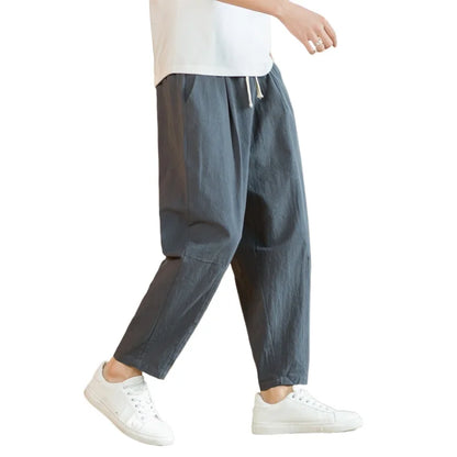 New Cotton Linen Mens Pants Casual Solid Color Breathable Streetwear Loose Straight Drawstring Baggy Lightweight Sport Pants.