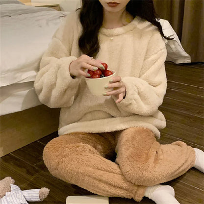 Winter Women Warm Fashion Pajama Sets Sweet   Elegant French Style Girlish Leisure Thicken Flannel Comfort Pajamas