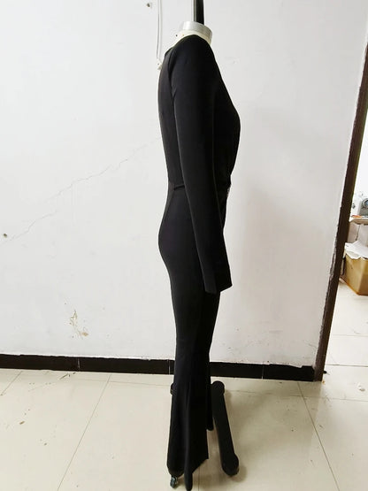 Sexy Deep V Neck Sparkly Diamonds Design Jumpsuit Women Long Sleeve Draped Wide Leg Jumpsuit Elegant Evening Club Costume Runway