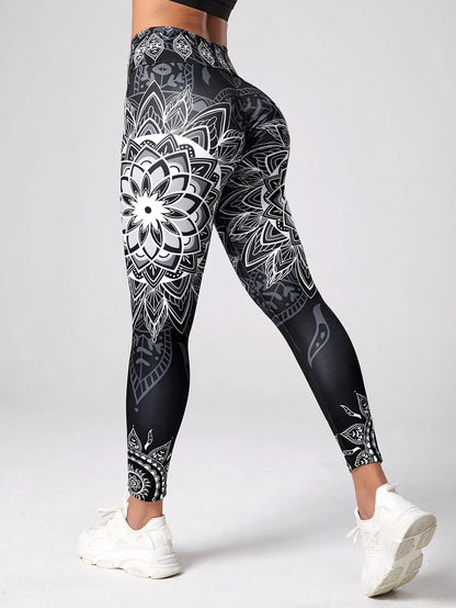 Lotus patterned high waisted leggings, suitable for yoga, running, and dancing as hip lifting sportswear - sporty and fashionabl.