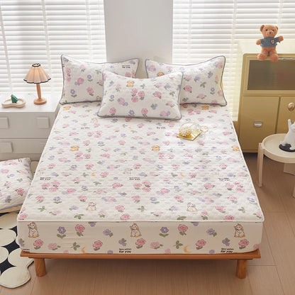 Floral Fitted Sheet Queen Size Bed Cover Thicken Bedsheet Quilted Mattress Protector tampa de colchão (Pillowcase Need Order).