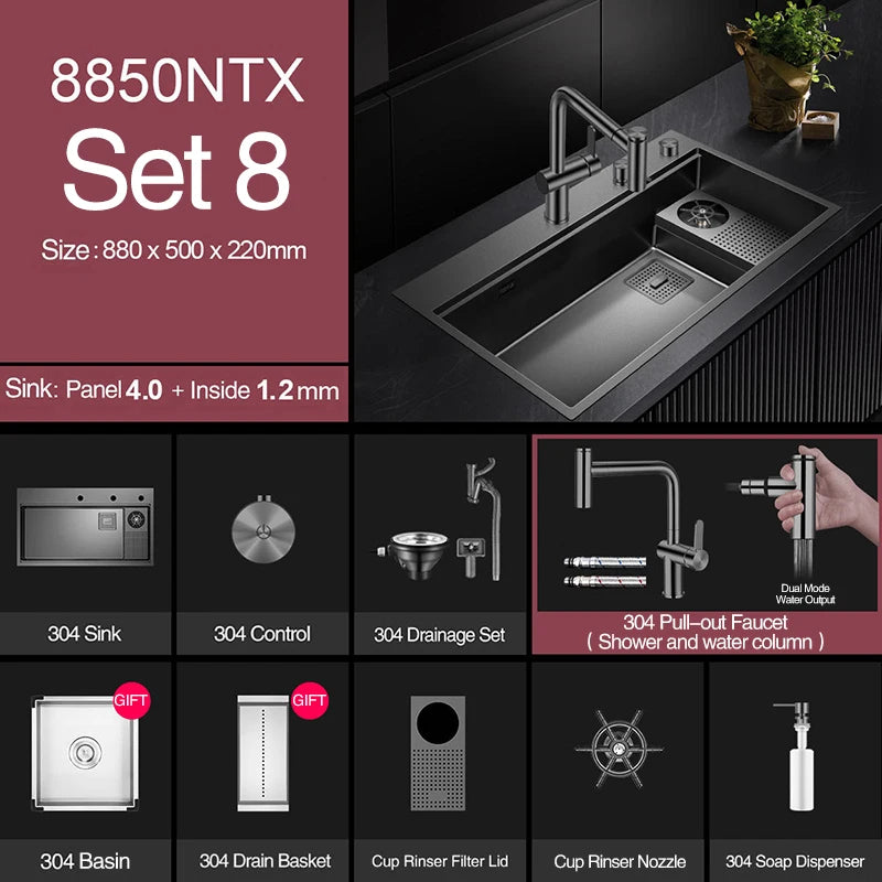 ASRAS New Waterfall Faucet Kitchen Sinks Nanometer Large Size 4mm Panel Handmade Sinks Cup Rinser Kitchen Sinks