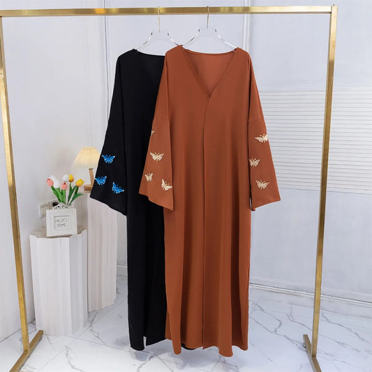 Butterfly Embroidery Open Front Abaya Women Long Sleeve Maxi Length Dress Muslim Abayas Kaftans Women Jilbabs Women's Clothing.