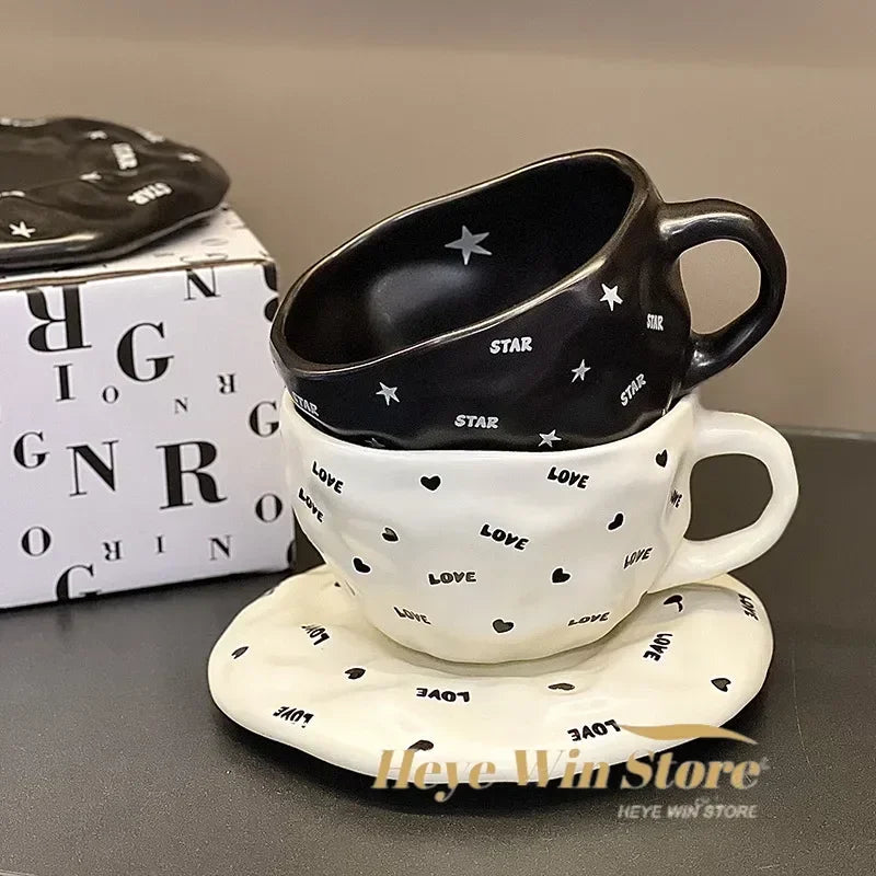 240ml Irregular Ceramic Coffee Cup and Saucer High Appearance Level Afternoon Teacup Office Home Milk Cup Water Cups for Couples.