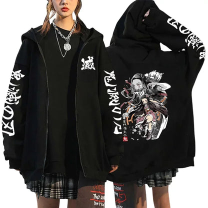 Japan Anime Print Black Hoodie Woman Hooded Long Sleeve Zipper Jacket Tanjirou Zenitsu Inosuke Pattern Sweatshirt Autumn Coat.