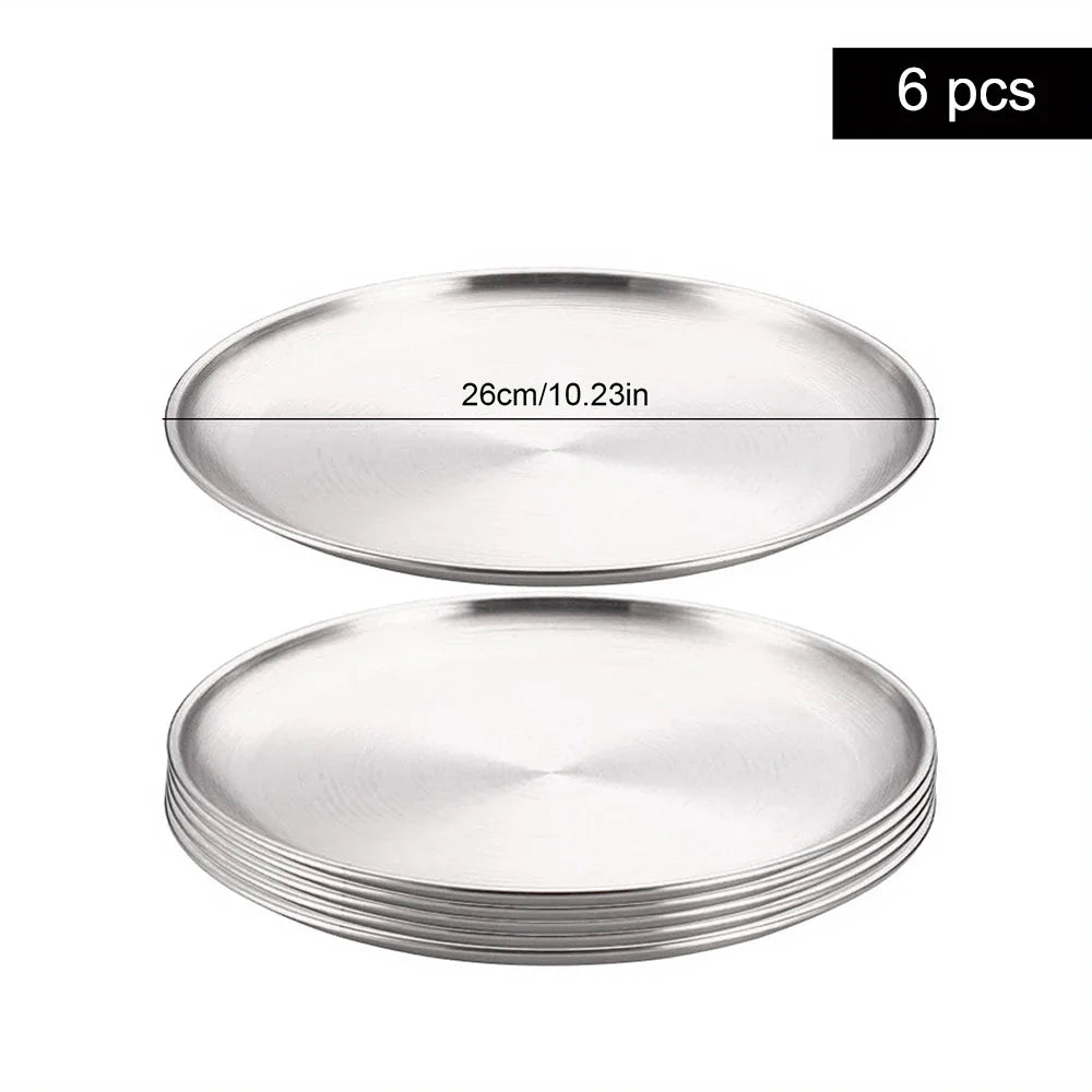 6Pcs High Quality Stainless Steel Bone Spitting Dish Silver Colors Shallow Tray Metal Dining Disc Fruit Meat Round Plate.