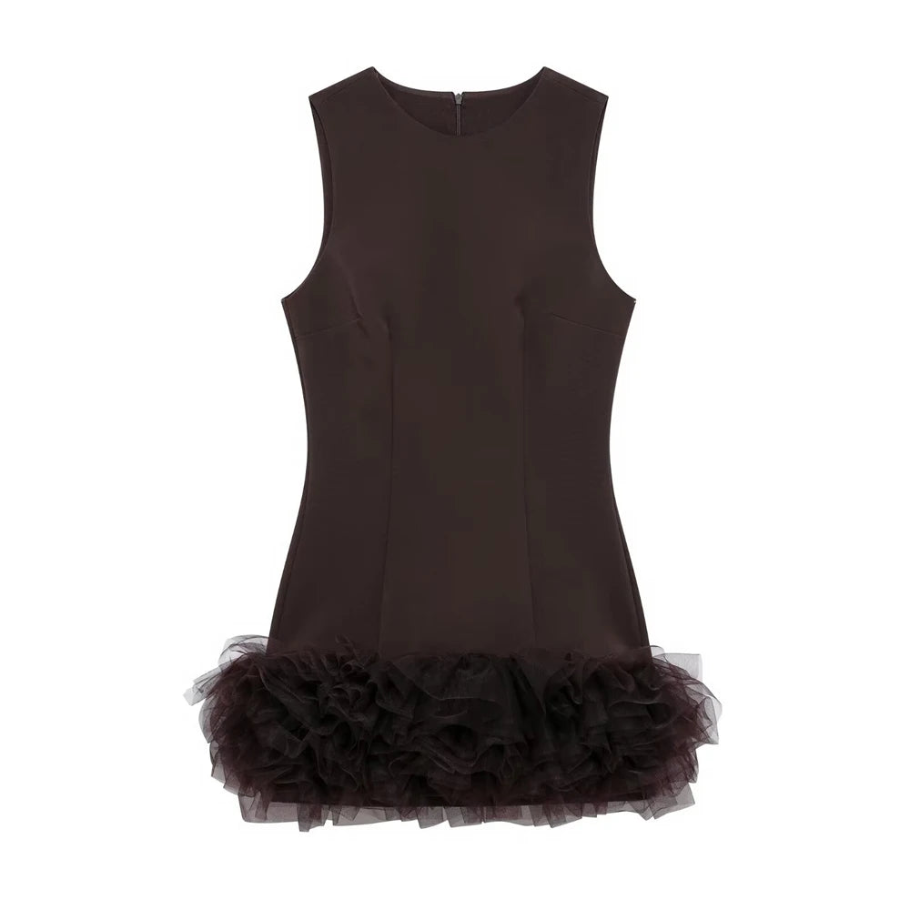 TRZA Wome Mode Mit Tüll Mini Kleid O Neck Ärmellose Zurück Zipper Weibliche Kleider Vestidos Mujer.