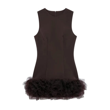 TRZA Wome Mode Mit Tüll Mini Kleid O Neck Ärmellose Zurück Zipper Weibliche Kleider Vestidos Mujer.