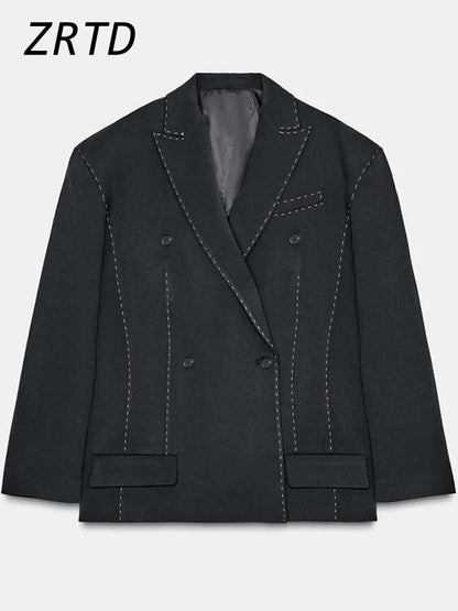 Fashion Line Suit Jackets Pants Sets Women Loose Lapel Double Breasted Blazer Pleated Wide Leg Pant 2025 Autumn Lady Office Suit.