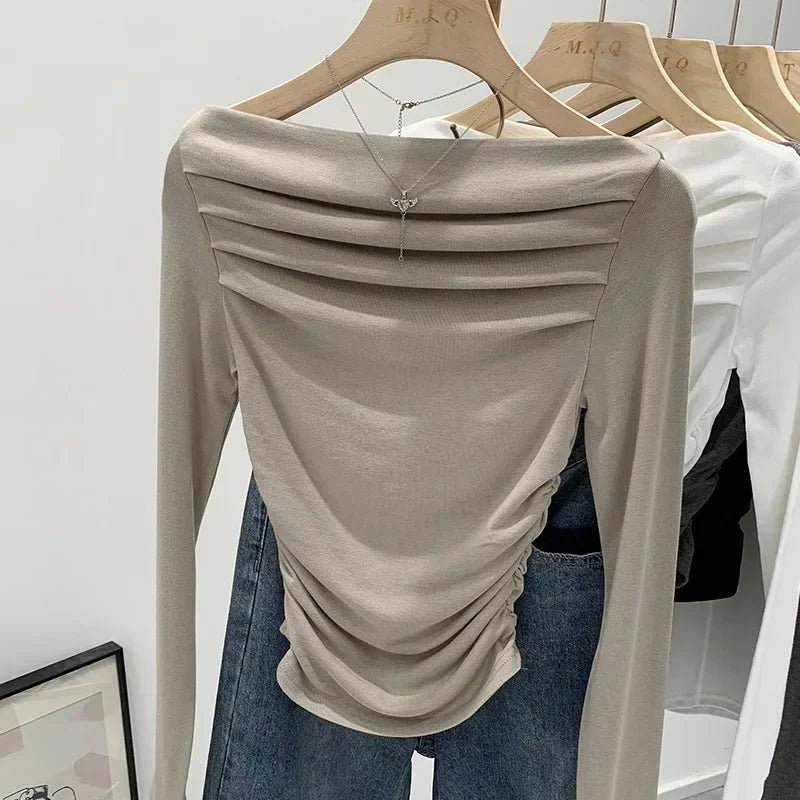 Spicy Girl Style One-Collar Ruffles Cropped Long Sleeve T-Shirt Women's Autumn/Winter New Arrival Base Layer Sweatshirt.