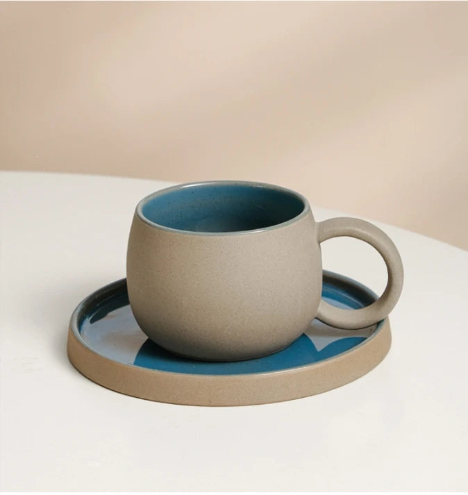Retro Coarse Pottery Mug and Saucer Combination Japanese Coffee Cup Set Nordic Afternoon Tea Breakfast Cup Latte Coffee Mug.