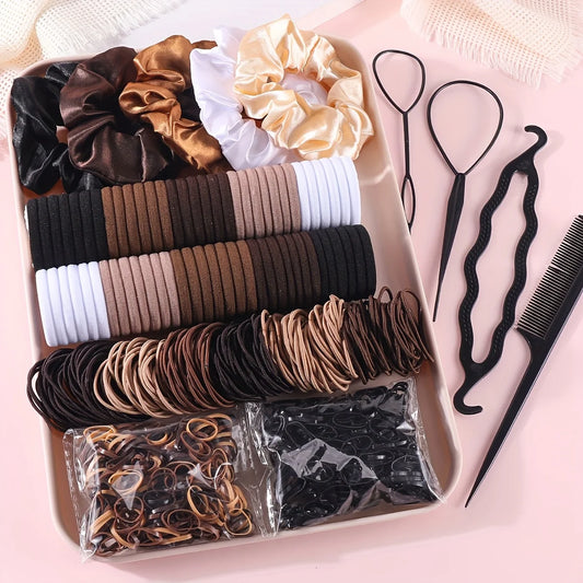 1109pcs Women Dark Hair Accessories Set Elastic Seamless Ponytail Scrunchies Small Rubber Bands Fashion Hair Ties Headbands.