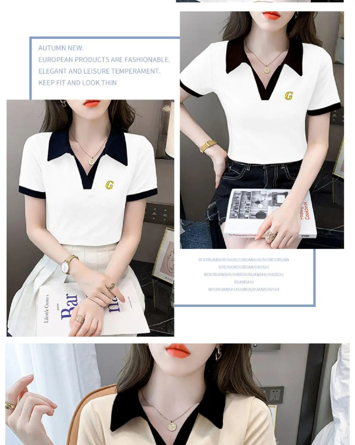 Women's Polo Shirts Slim Female Tee Plain Graphic T-shirts Embroidery Polyester Y2k Fashion Aesthetic Basic Synthetic Luxury New.