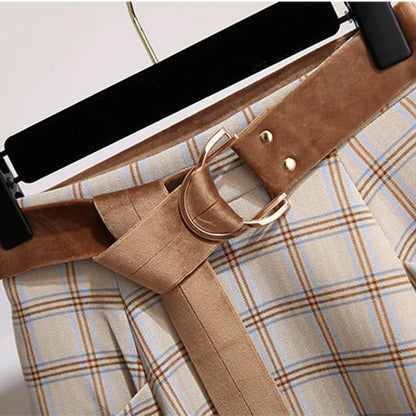 Plaid Vantage High Waist A-line Loose With Belt Pocket Women's Skirt Korean Fashion Mid-Calf Long Skirts For Women 2024 Spring.