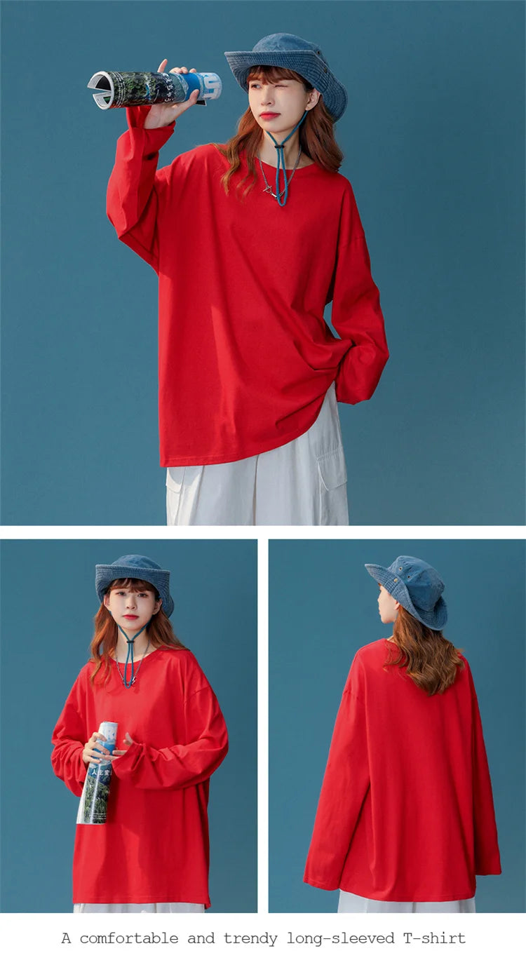 COUTUDI-Oversized T-Shirt for Women, Loose Pullover,Long Sleeve, Casual 100% Cotton Tee Shirt, Lady Tops, Korean Streetwears.