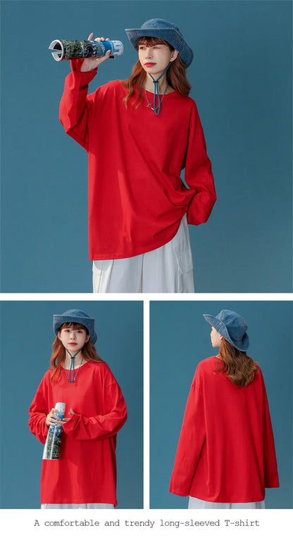 COUTUDI-Oversized T-Shirt for Women, Loose Pullover,Long Sleeve, Casual 100% Cotton Tee Shirt, Lady Tops, Korean Streetwears.