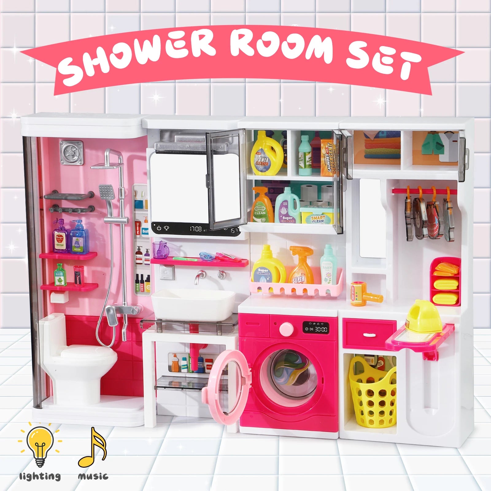 Pink Bathroom Playset with Shower, Vanity, Laundry Cabinet, and Ironing Board, Christmas/Thanksgiving/New Year Gift.