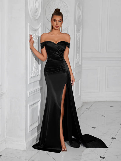 Sexy trägerloses, rückenfreies, hoch gespaltenes Maxikleid für Frauen, schwarz, schulterfrei, ärmellos, figurbetont, Club-Party, langes Kleid.
