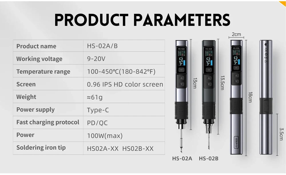 FNIRSI HS 02 Smart Soldering Iron Automatic Sleep 100-450℃ Temperature Rapid Heating PCB Soldering Station Portable Toolbox Kit.