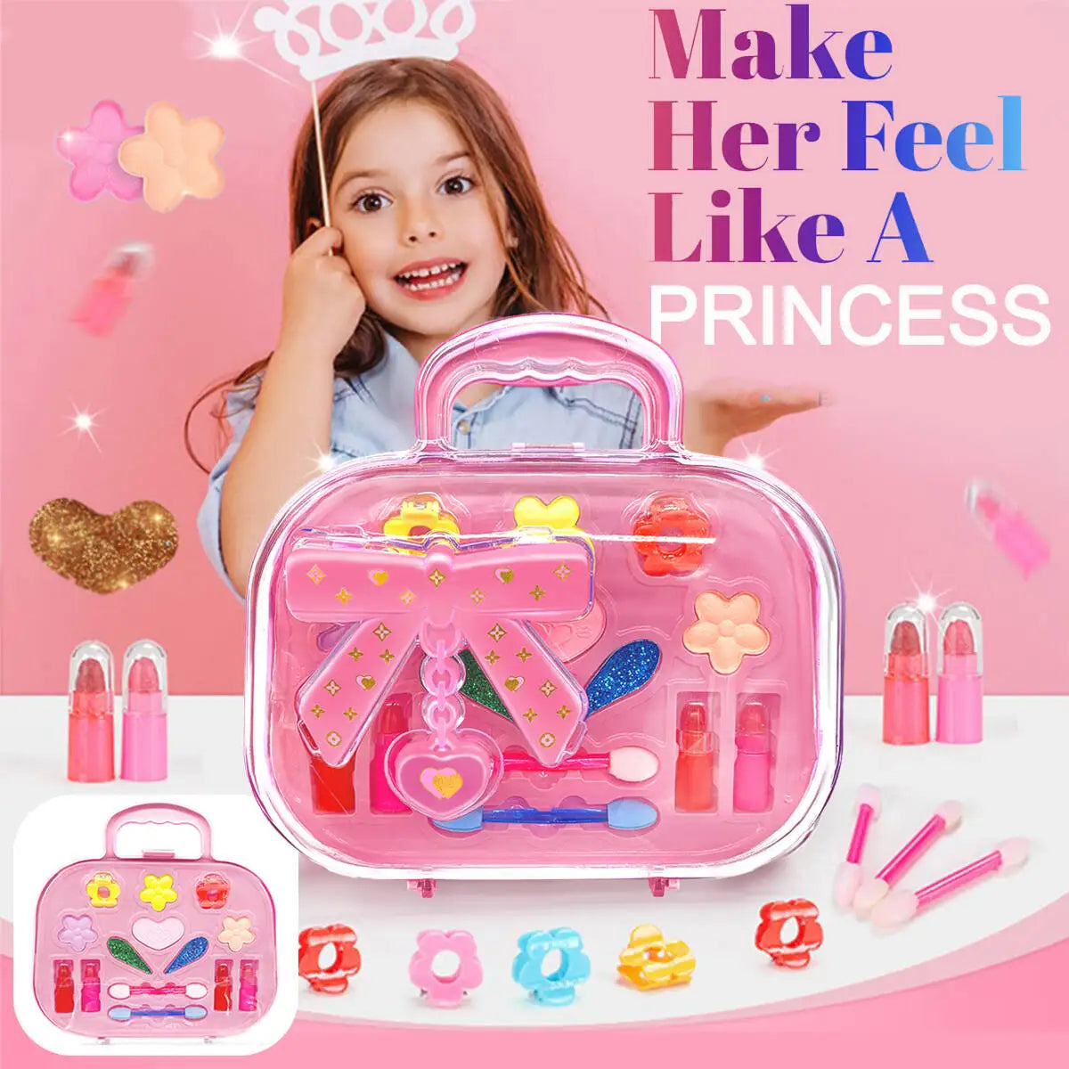 Princess Make Up Box Play House Toy Girls, Eye Shadow Makeup Cosmetics Handbag, Birthday Christmas Gift for Kids Party Cosplay.