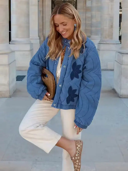 TRAFZA 2025 Herbst Frauen Stepp Crop Mantel Floral Stickerei Einreiher Langarm Jacke Winter Warme Vintage Oberbekleidung.