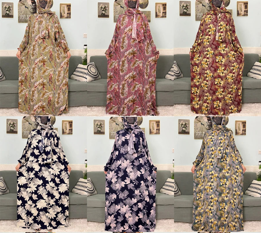 Muslim Cotton Abayas For Women Traditional Floral Ramadan Prayer Garment African Caftan Marocain Femme Robe Connected Headscarf.