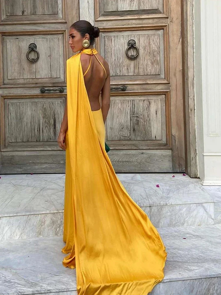 Band hängenden Hals lange Kleider schräg Schulter schnüren rücken frei seidig Satin Temperament Slim Fit Neck holder Frau Fischschwanz Kleid.