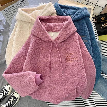 Autumn Winter Fashion Hooded Sweatshirt Women Korean Loose Solid Letter Tops Long Sleeve Warm Outfit Hoodie Lady Casual Street.
