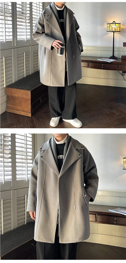 Winter Fashion Woolen Dust Coats Men Zipper Decor High Quality Korean Style Loose Casual Windbreaker Men's Thick Warm Trenchcoat.