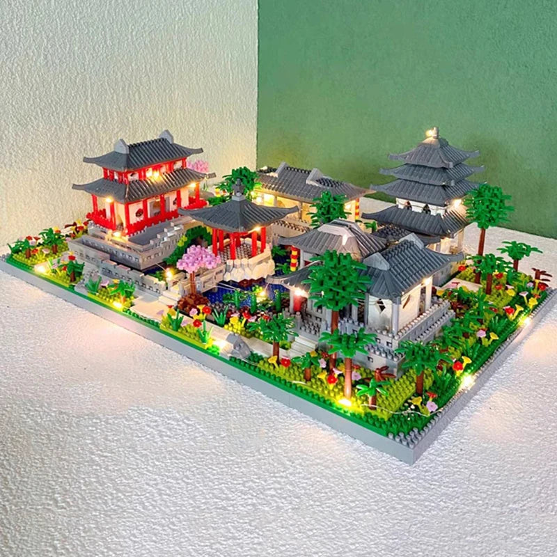 Lezi Architecture Ancient Pavilion Temple Tower Lake Garden Gate LED Light Model Mini Diamond Blocks Bricks Building Toy no Box.