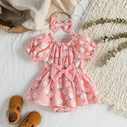 2Pcs Sommer Neugeborenen Weiche Baumwolle Rosa Baby Mädchen Strampler Kleid Daisy Print Kurzarm Overalls Kleidung Bodys + Stirnband.