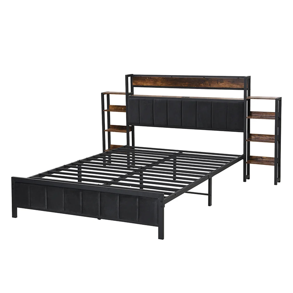 Metallbett 140x200cm, Flachbetten, Kopfteil mit Regal und 3 usb-anschlüsse, Metall+MDF+Velvet, Schwarz + Walnuss, ohne Matratze