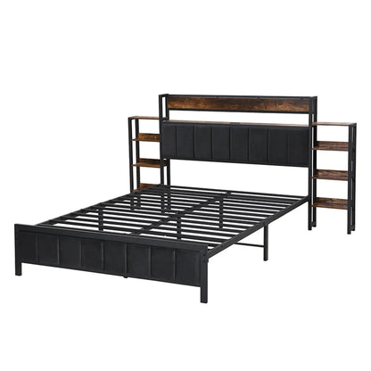 Metallbett 140x200cm, Flachbetten, Kopfteil mit Regal und 3 usb-anschlüsse, Metall+MDF+Velvet, Schwarz + Walnuss, ohne Matratze