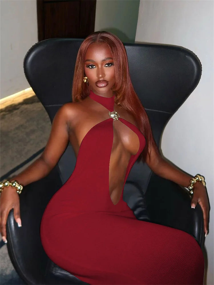 Seltsame Puss Sexy Frau Kleid Ärmellose Hohl Backless Metall Ringe Dünne Elastizität Einfache Party 2025, Sommer Trend Vestidos